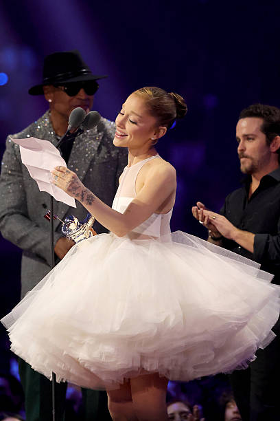 Ariana Grande accepts the award for Video of the Year for "Brighter Days Ahead" on stage during the 2025 MTV Video Music Awards at UBS Arena on September 07, 2025 in Elmont, New York. (408×612)