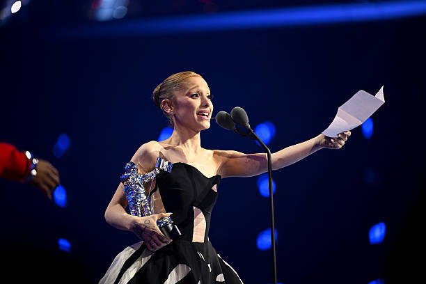 Ariana Grande accepts the Best Pop Award for “Brighter Days Ahead” during the 2025 MTV Video Music Awards at UBS Arena o