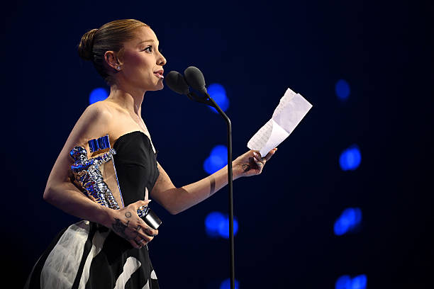 Ariana Grande accepts the Best Pop Award for “Brighter Days Ahead” during the 2025 MTV Video Music Awards at UBS Arena o