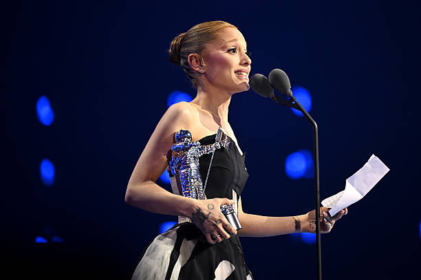 Ariana Grande accepts the Best Pop Award for “Brighter Days Ahead” during the 2025 MTV Video Music Awards at UBS Arena o