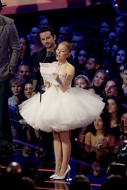 Ariana Grande accepts the Video of the Year Award for “Brighter Days Ahead” onstage during the 2025 MTV Video Music Awards at UBS Arena on September 07, 2025 in Elmont, New York. — frame 170/246 (408×612)