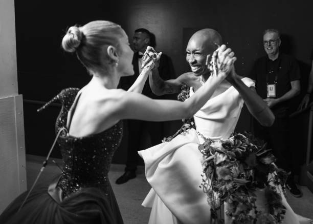 Ariana Grande and Cynthia Erivo are seen backstage at the 97th Annual Oscars at Dolby Theatre on March 02, 2025 in Holly