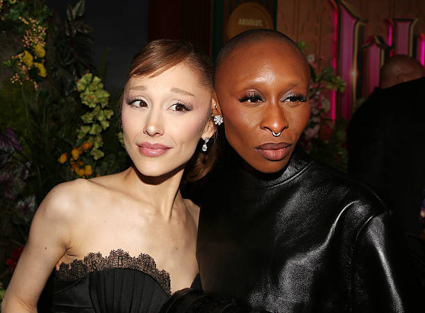 Ariana Grande and Cynthia Erivo pose during the New York City premiere of the film "Wicked: For Good" at David Geffen Ha