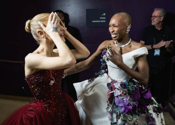 Ariana Grande and Cynthia Erivo seen backstage at the 97th Annual Oscars at Dolby Theatre on March 02, 2025 in Hollywood
