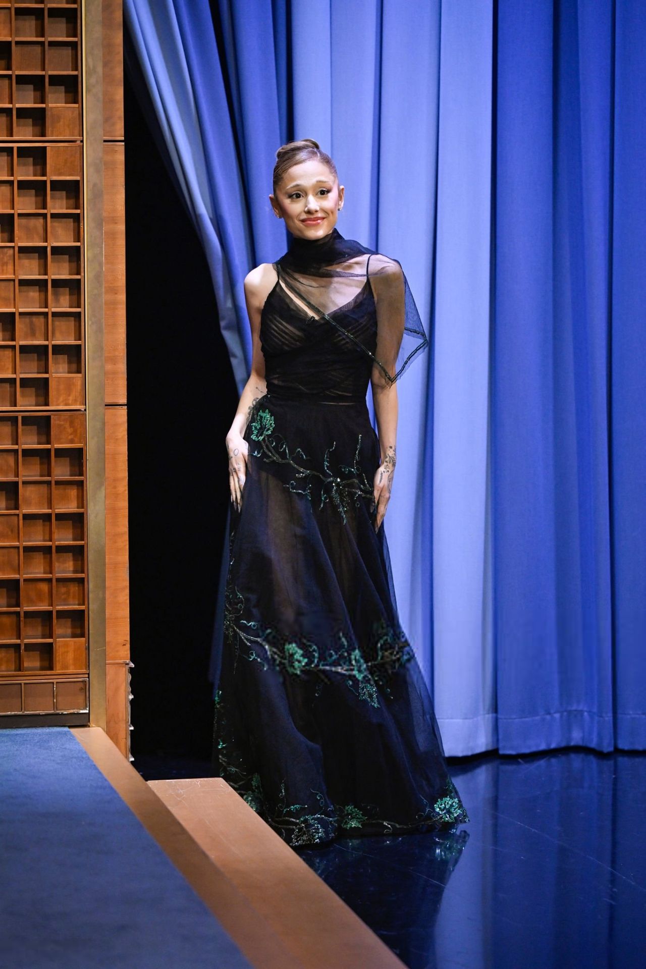 Ariana Grande at Jimmy Fallon in Velvet and Glinda Wand, November 2025