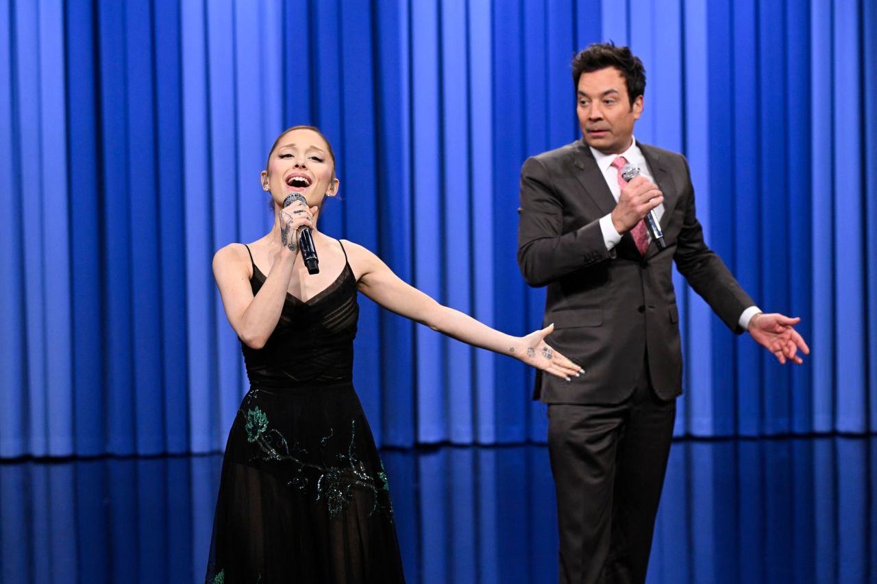 Ariana Grande at Jimmy Fallon in Velvet and Glinda Wand, November 2025