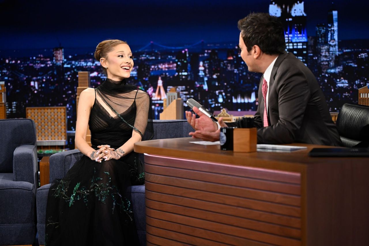 Ariana Grande at Jimmy Fallon in Velvet and Glinda Wand, November 2025