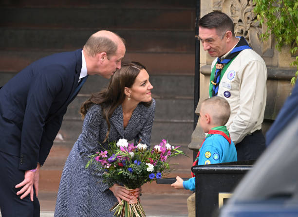 Catherine, Duchess of Cambridge and Prince William, Duke of Cambridge depart after attending the official opening of the Glade of Light Memorial at Manchester Cathedral on May 10, 2022 in Manchester, England. The Glade of Light Memorial commemorates the victims of the terrorist attack that took place after an Ariana Grande concert at Manchester Arena on May 22, 2017. — frame 37/51 (612×446)
