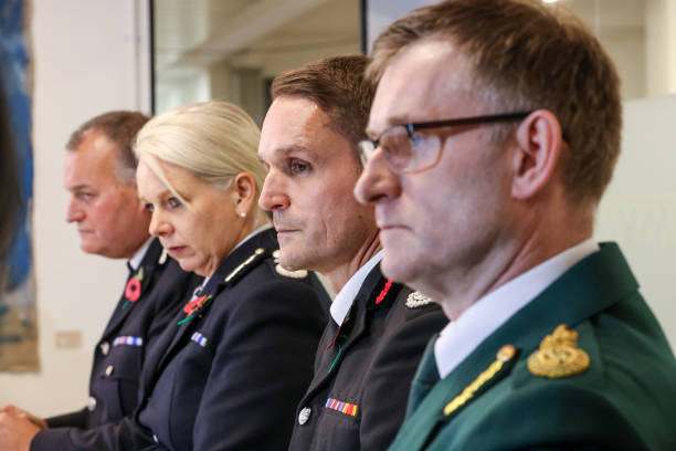 Chief Constable Stephen Watson, BTP Chief Constable Lucy D'Orsi, GMFRS Chief Fire Officer Dave Russell and NWAS Chief Executive Daren Mochrie during a press conference in Manchester following the publication of the Manchester Arena Inquiry volume two report on emergency services response, which examines whether any inadequacies in the services' response contributed to individual deaths. Twenty-two people were killed and hundreds were injured in a suicide attack at the end of an Ariana Grande concert on May 22 2017. (612×408)