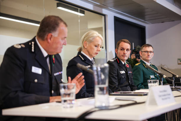 Chief Constable Stephen Watson, BTP Chief Constable Lucy D'Orsi, GMFRS Chief Fire Officer Dave Russell and NWAS Chief Executive Daren Mochrie during a press conference in Manchester following the publication of the Manchester Arena Inquiry volume two report on emergency services response, which examines whether any inadequacies in the services' response contributed to individual deaths. Twenty-two people were killed and hundreds were injured in a suicide attack at the end of an Ariana Grande concert on May 22 2017. (612×408)