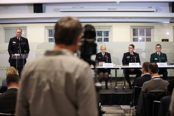 Chief Constable Stephen Watson, BTP Chief Constable Lucy D'Orsi, GMFRS Chief Fire Officer Dave Russell and NWAS Chief Executive Daren Mochrie during a press conference in Manchester following the publication of the Manchester Arena Inquiry volume two report on emergency services response, which examines whether any inadequacies in the services' response contributed to individual deaths. Twenty-two people were killed and hundreds were injured in a suicide attack at the end of an Ariana Grande concert on May 22 2017. (612×408)