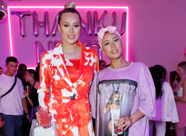 Demi Sims and Kaz Crossley attend the VIP launch of Ariana Grande's 'Thank U, Next' fragrance in Shoreditch on September 27, 2019 in London, England. (612×447)