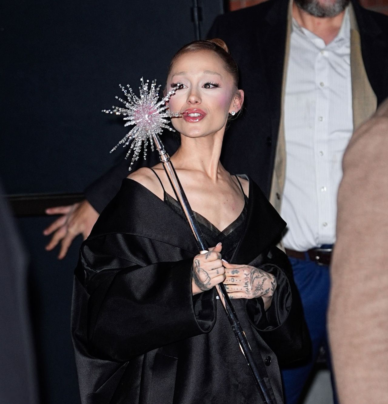 Ariana Grande in Embroidered Black Coat on NYC Streets 11-18-2025