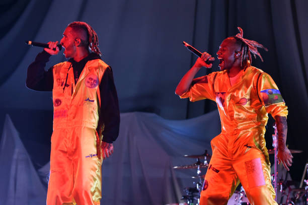 Mikey and Scootie of Social House perform onstage during the Ariana Grande Sweetener World Tour - Opening Night at Times