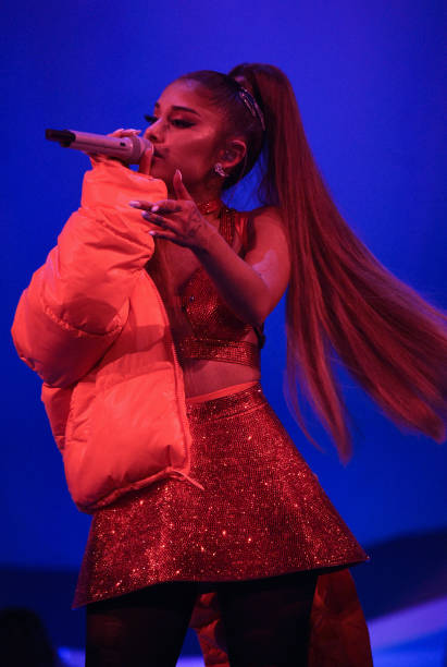 Ariana Grande performs on stage during her "Sweetener World Tour" at The O2 Arena on August 17, 2019 in London, England
