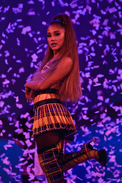 Ariana Grande performs on stage during her "Sweetener World Tour" at The O2 Arena on August 17, 2019 in London, England
