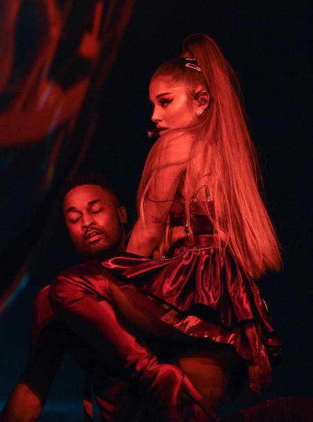 Ariana Grande performs on stage during her "Sweetener World Tour" at The O2 Arena on August 17, 2019 in London, England