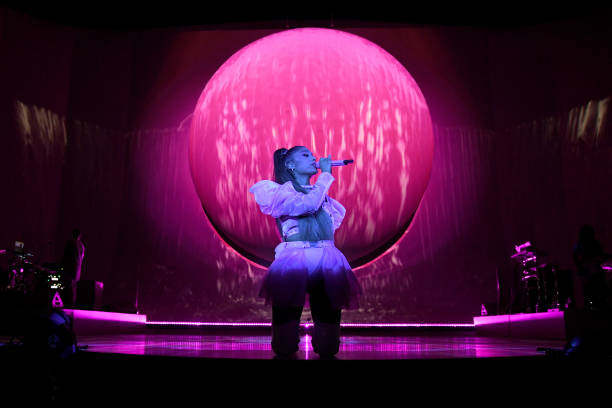 Ariana Grande performs on stage during her "Sweetener World Tour" at The O2 Arena on August 19, 2019 in London, England