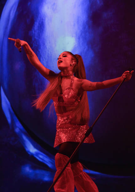 Ariana Grande performs on stage during her "Sweetener World Tour" at The O2 Arena on August 17, 2019 in London, England