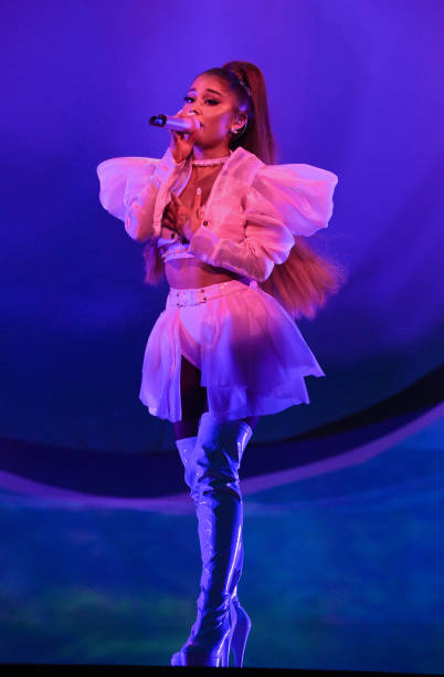 Ariana Grande performs on stage during her "Sweetener World Tour" at The O2 Arena on August 17, 2019 in London, England