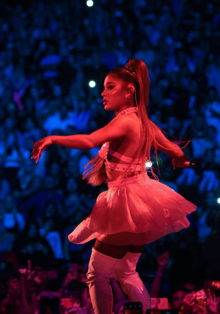 Ariana Grande performs on stage during her "Sweetener World Tour" at The O2 Arena on August 17, 2019 in London, England