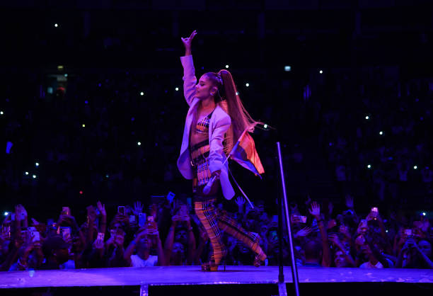 Ariana Grande performs on stage during her "Sweetener World Tour" at The O2 Arena on August 17, 2019 in London, England