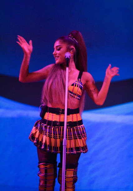 Ariana Grande performs on stage during her "Sweetener World Tour" at The O2 Arena on August 17, 2019 in London, England