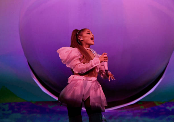 Ariana Grande performs on stage during her "Sweetener World Tour" at The O2 Arena on August 17, 2019 in London, England