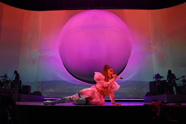 Ariana Grande performs on stage during her "Sweetener World Tour" at The O2 Arena on August 20, 2019 in London, England