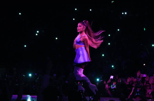 Ariana Grande performs on stage during her "Sweetener World Tour" at The O2 Arena on August 17, 2019 in London, England