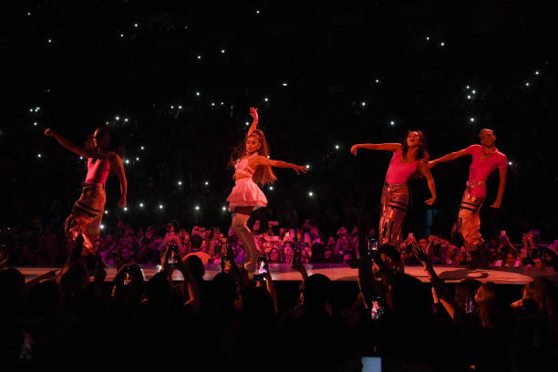 Ariana Grande performs on stage during her "Sweetener World Tour" at The O2 Arena on August 19, 2019 in London, England. (612×408)