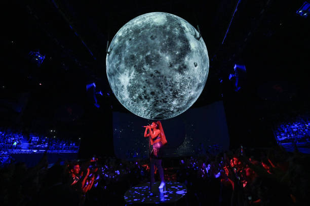 Ariana Grande performs on stage during her "Sweetener World Tour" at The O2 Arena on August 17, 2019 in London, England