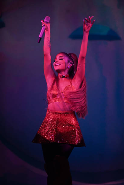 Ariana Grande performs on stage during her "Sweetener World Tour" at The O2 Arena on August 17, 2019 in London, England