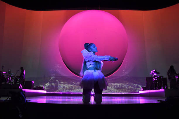 Ariana Grande performs on stage during her "Sweetener World Tour" at The O2 Arena on August 19, 2019 in London, England