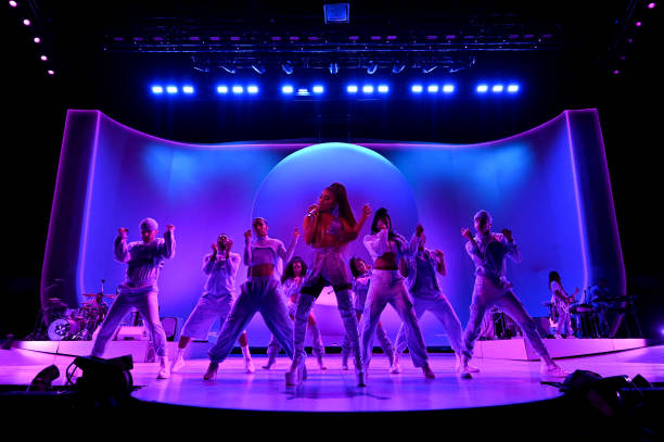 Ariana Grande performs on stage during her "Sweetener World Tour" at The O2 Arena on August 20, 2019 in London, England