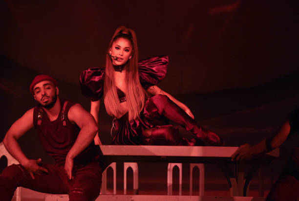 Ariana Grande performs on stage during her "Sweetener World Tour" at The O2 Arena on August 17, 2019 in London, England