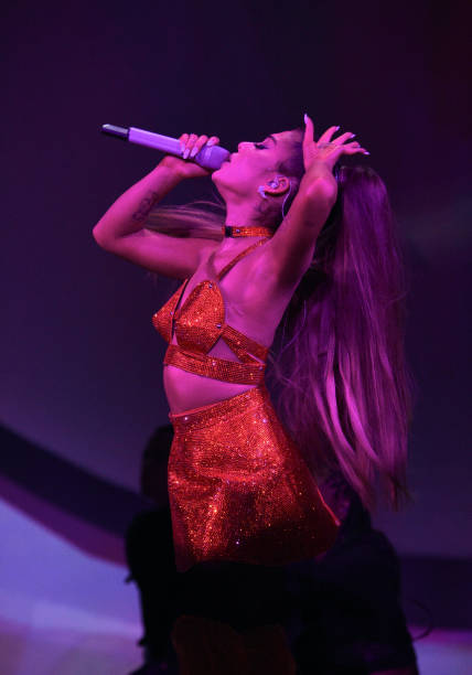 Ariana Grande performs on stage during her "Sweetener World Tour" at The O2 Arena on August 17, 2019 in London, England