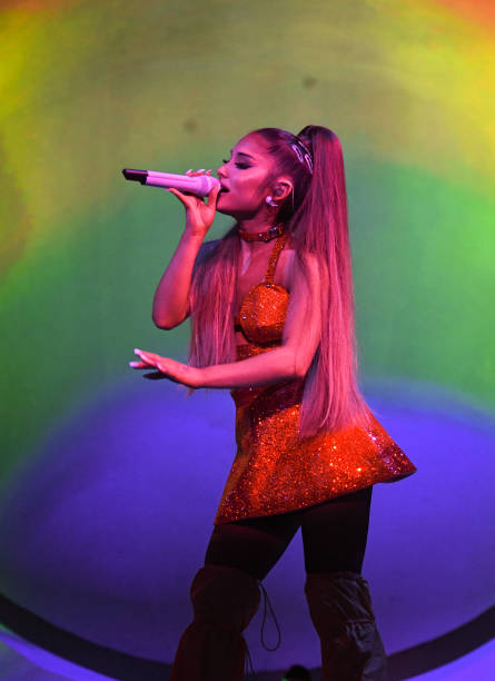 Ariana Grande performs on stage during her "Sweetener World Tour" at The O2 Arena on August 17, 2019 in London, England
