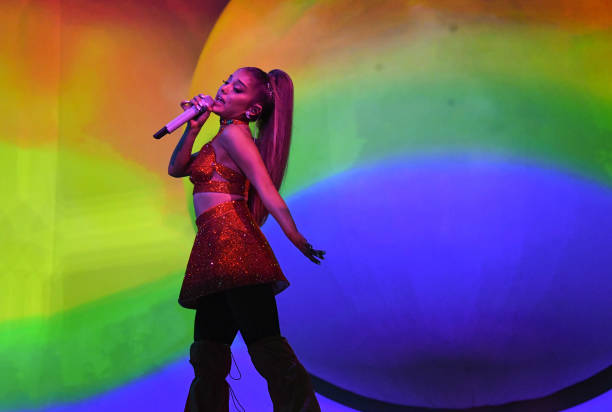 Ariana Grande performs on stage during her "Sweetener World Tour" at The O2 Arena on August 17, 2019 in London, England