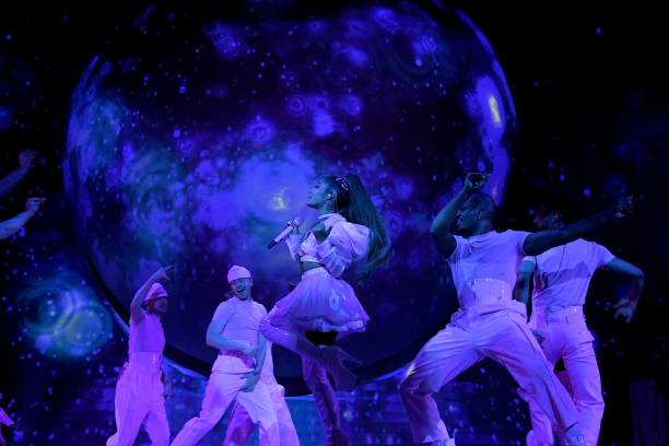 Ariana Grande performs on stage during her "Sweetener World Tour" at The O2 Arena on August 19, 2019 in London, England. (612×408)