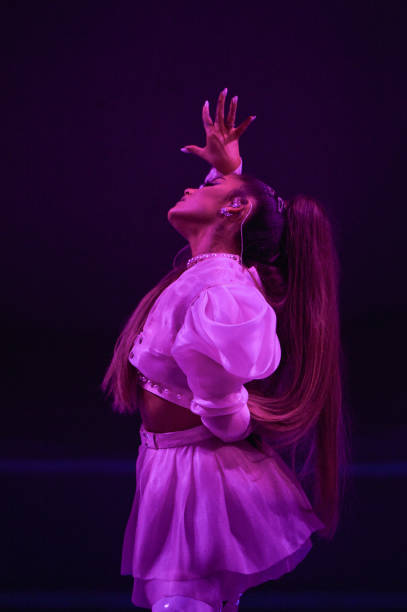Ariana Grande performs on stage during her "Sweetener World Tour" at The O2 Arena on August 17, 2019 in London, England