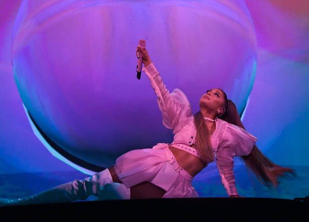 Ariana Grande performs on stage during her "Sweetener World Tour" at The O2 Arena on August 17, 2019 in London, England