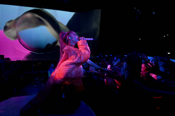 Ariana Grande performs on stage during her "Sweetener World Tour" at The O2 Arena on August 19, 2019 in London, England