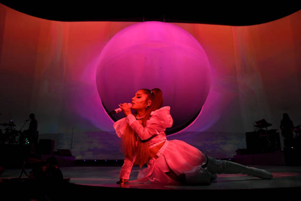 Ariana Grande performs on stage during her "Sweetener World Tour" at The O2 Arena on August 19, 2019 in London, England