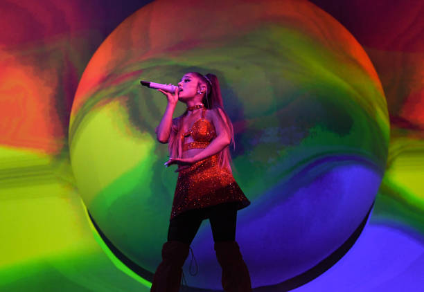 Ariana Grande performs on stage during her "Sweetener World Tour" at The O2 Arena on August 17, 2019 in London, England