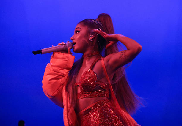 Ariana Grande performs on stage during her "Sweetener World Tour" at The O2 Arena on August 17, 2019 in London, England