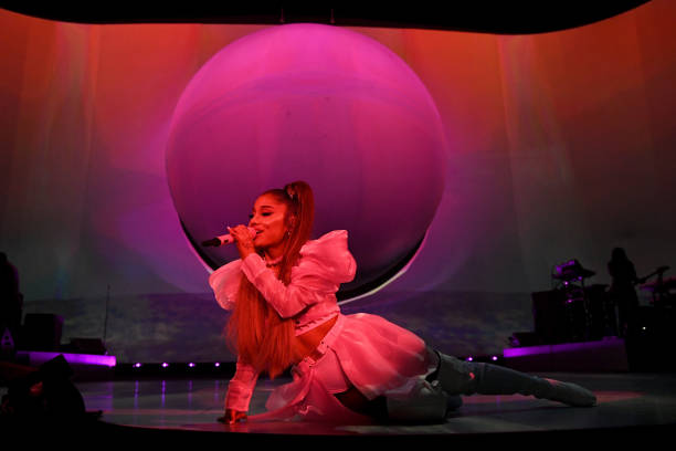 Ariana Grande performs on stage during her "Sweetener World Tour" at The O2 Arena on August 19, 2019 in London, England