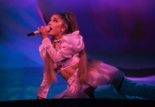 Ariana Grande performs on stage during her "Sweetener World Tour" at The O2 Arena on August 17, 2019 in London, England