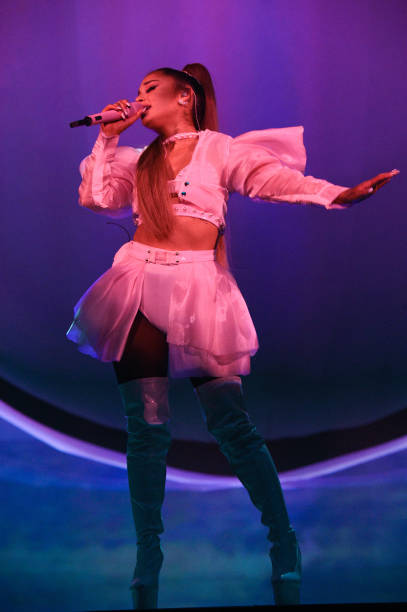 Ariana Grande performs on stage during her "Sweetener World Tour" at The O2 Arena on August 17, 2019 in London, England