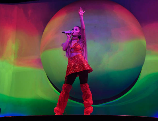 Ariana Grande performs on stage during her "Sweetener World Tour" at The O2 Arena on August 17, 2019 in London, England